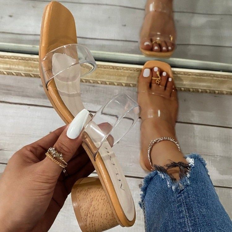 PVC Sandals Women Square Toe Clear Round Heels Stilettos Sexy Sandals 2021 Summer Sandals Zapatos De Mujer Tacon 43 Transparent
