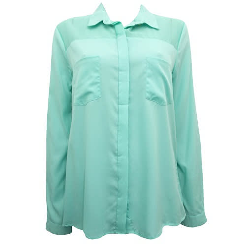 Long Sleeve Sheer Yoke Blouse - Aqua Blue