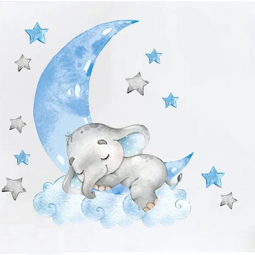 Moon Sleeping Elephant With Garland Wall Sticker -30*90cm - Blue