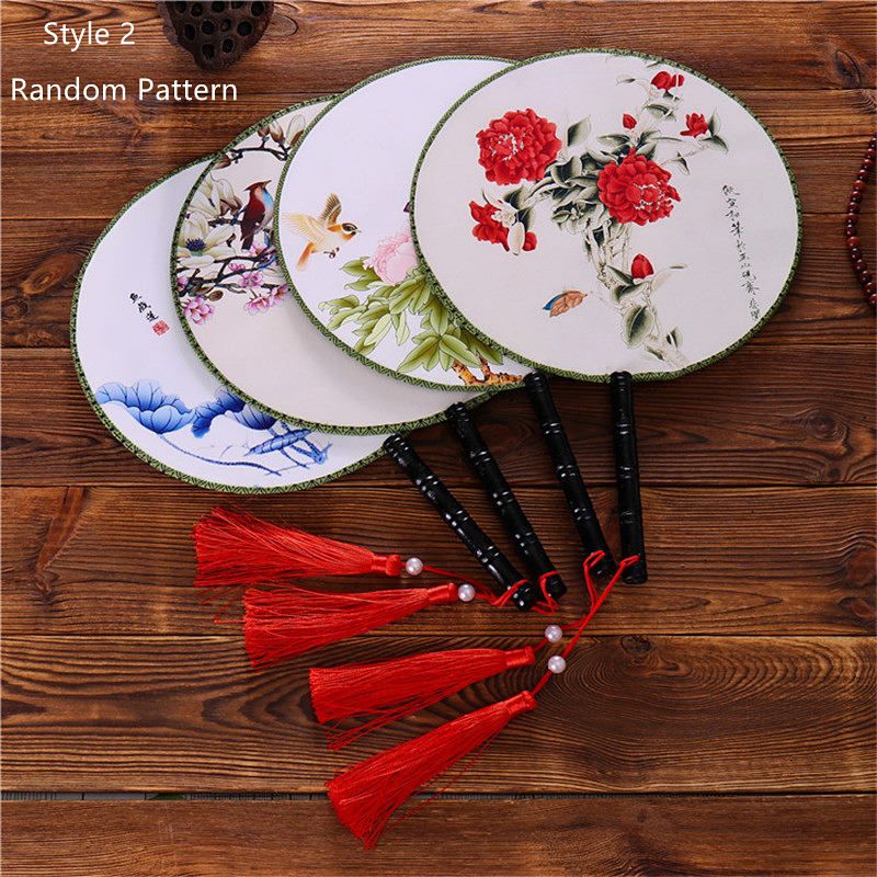 Round Dancing Printed Fan Handheld Female Style Flower With Both Chinese Classical Tassel Silk Side Circular Styles 28 Pendant