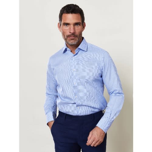 Optical Check Slim Fit Single Cuff Shirt - Blue