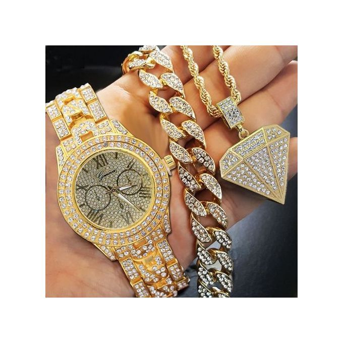 Mens28" Cuban Chain Necklace Hip Hop Watch 9" Bracelet