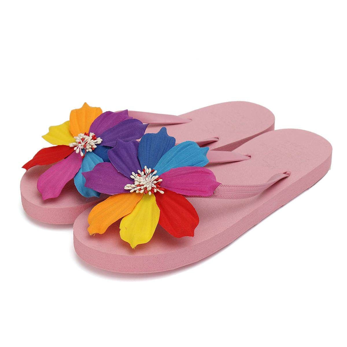 Casual Women Sweet Flower Slippers Beach Flip Flops Flat Sandals Shoes Light Pink Pink S (35-36)