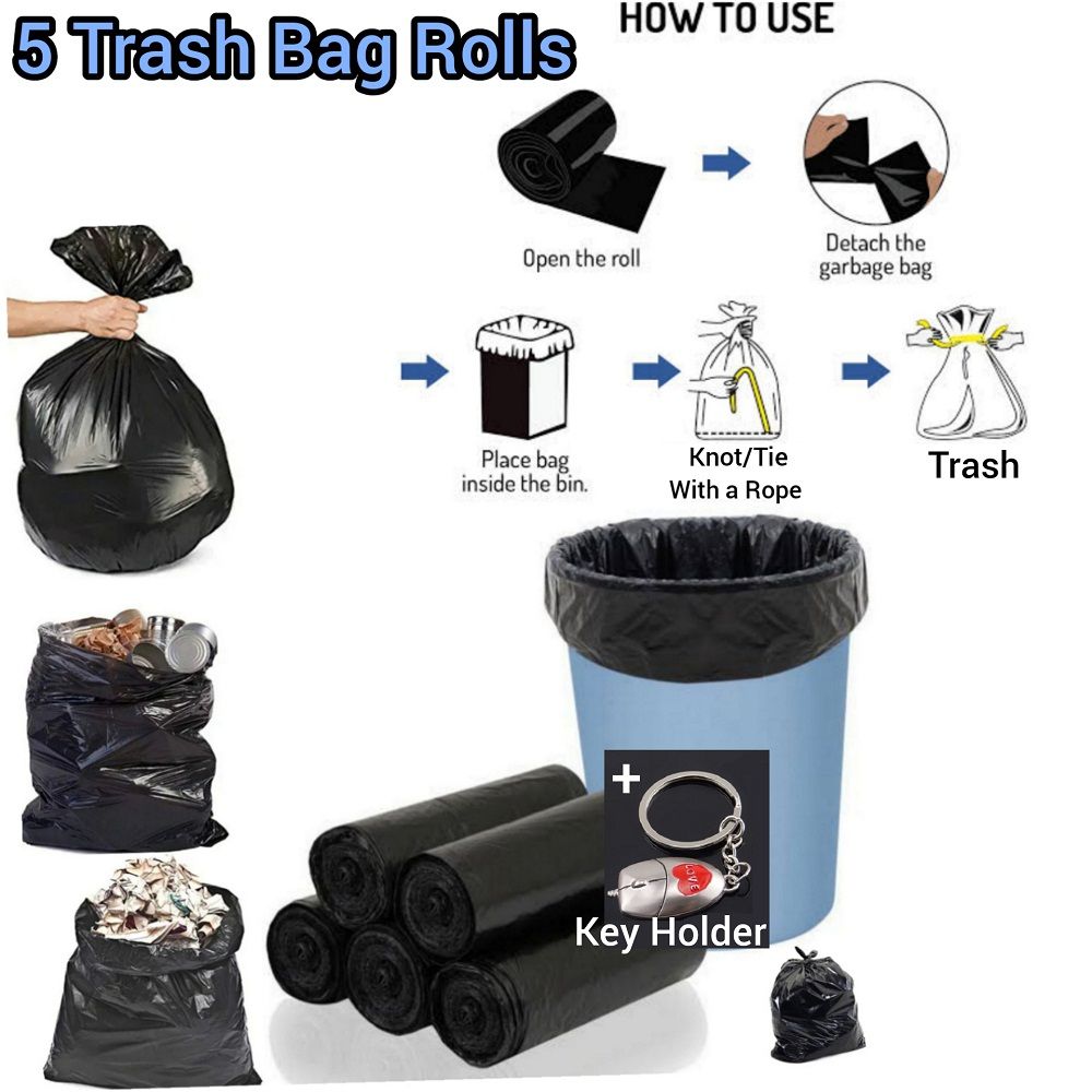 5 Rolls Heavy Duty Disposable Pedal/Big Bins Particle Dust Bin Waste Bin Garbage Rubbish Refuse Dirt Trash Bag Nylon Sack For Sanitation Cleaning Janitorial Uses + Key Holder
