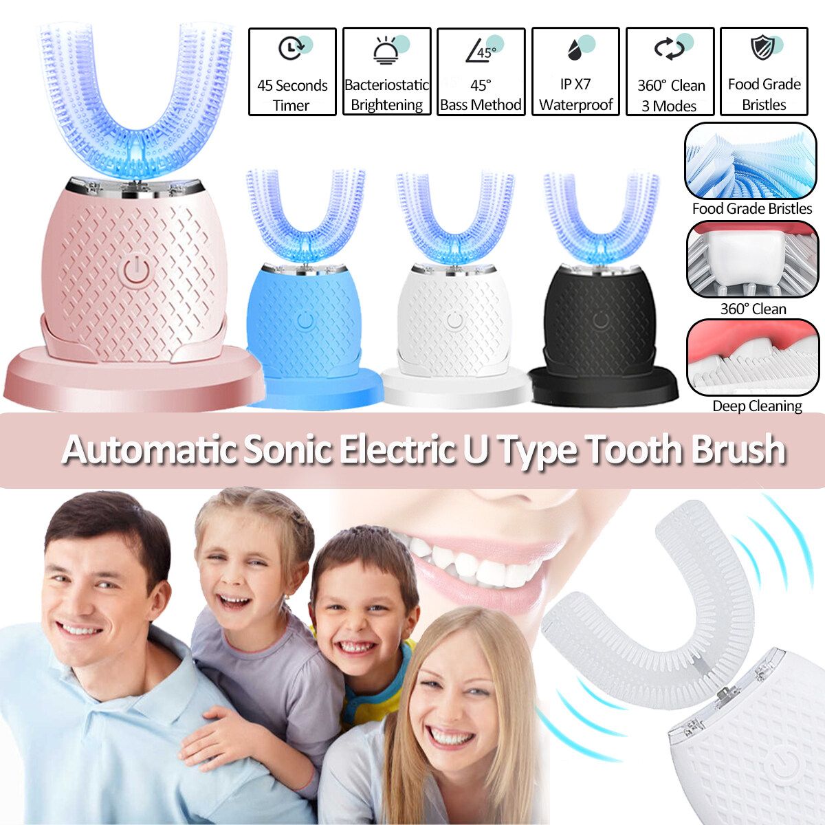 360 Degrees Intelligent Automatic Sonic Electric Toothbrush U Type Adult USB Charging Pink