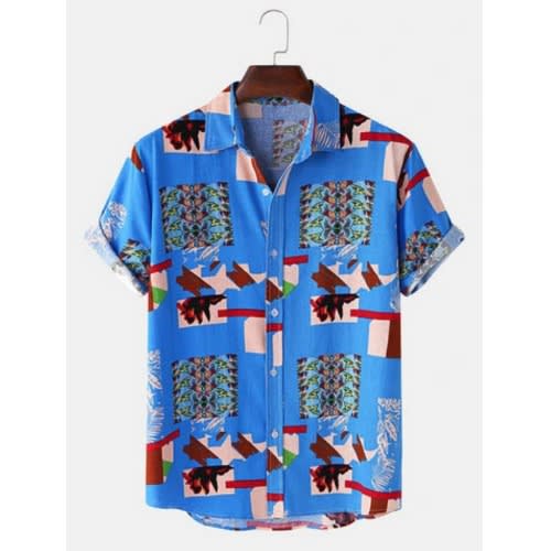 Mens Short Sleeve Casual Printed Shirt - Blue