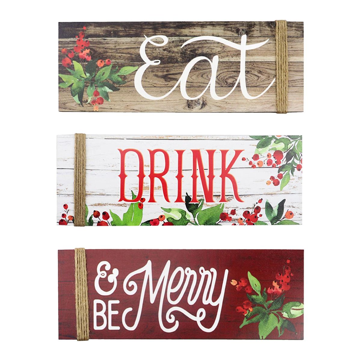 3PCS Christmas Wood Home Sign Be Merry & Eat & Drink Pattern Merry Christmas Front Door Sign for Wall Christmas Party Decoration