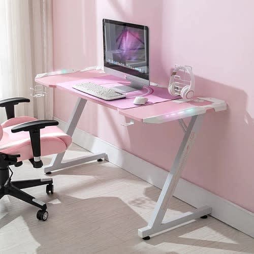 Gaming Desk With Led Lights - Rgb- Pink