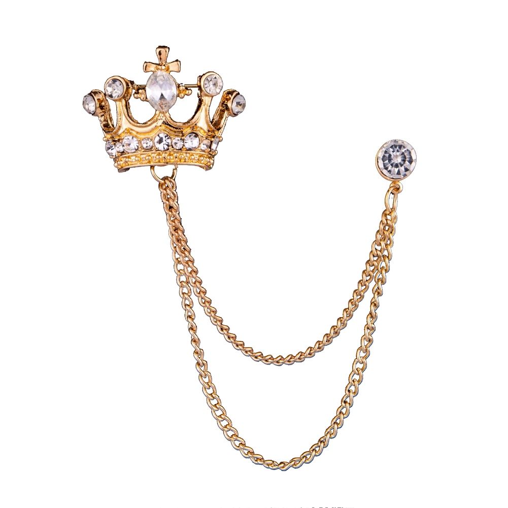 Unisex Crown Shape Brooch Tassel Chain Lapel Pin Retro Corsage Suit Accessory-Golden