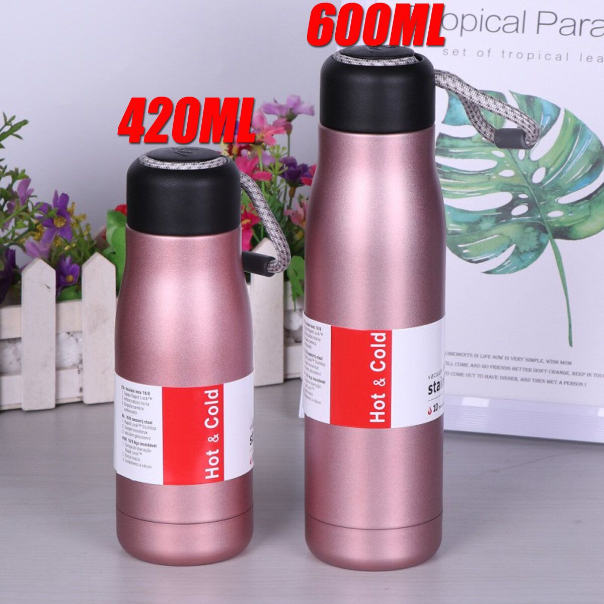 600ML Water Bottle Vacuum Insulated Flask Thermal Sport Chilly Drinks Cold Cups Rose Gold600ML