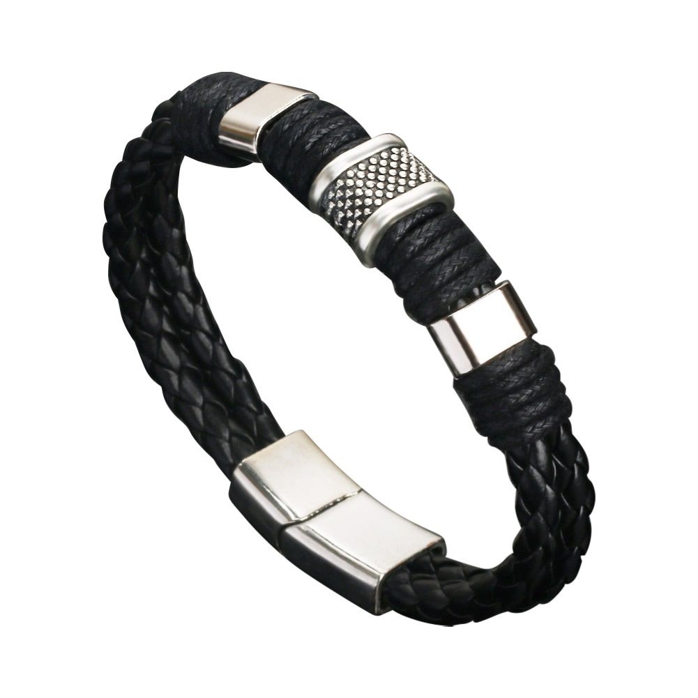 Mens Dual Layer Braided Faux Leather Magnetic-Black