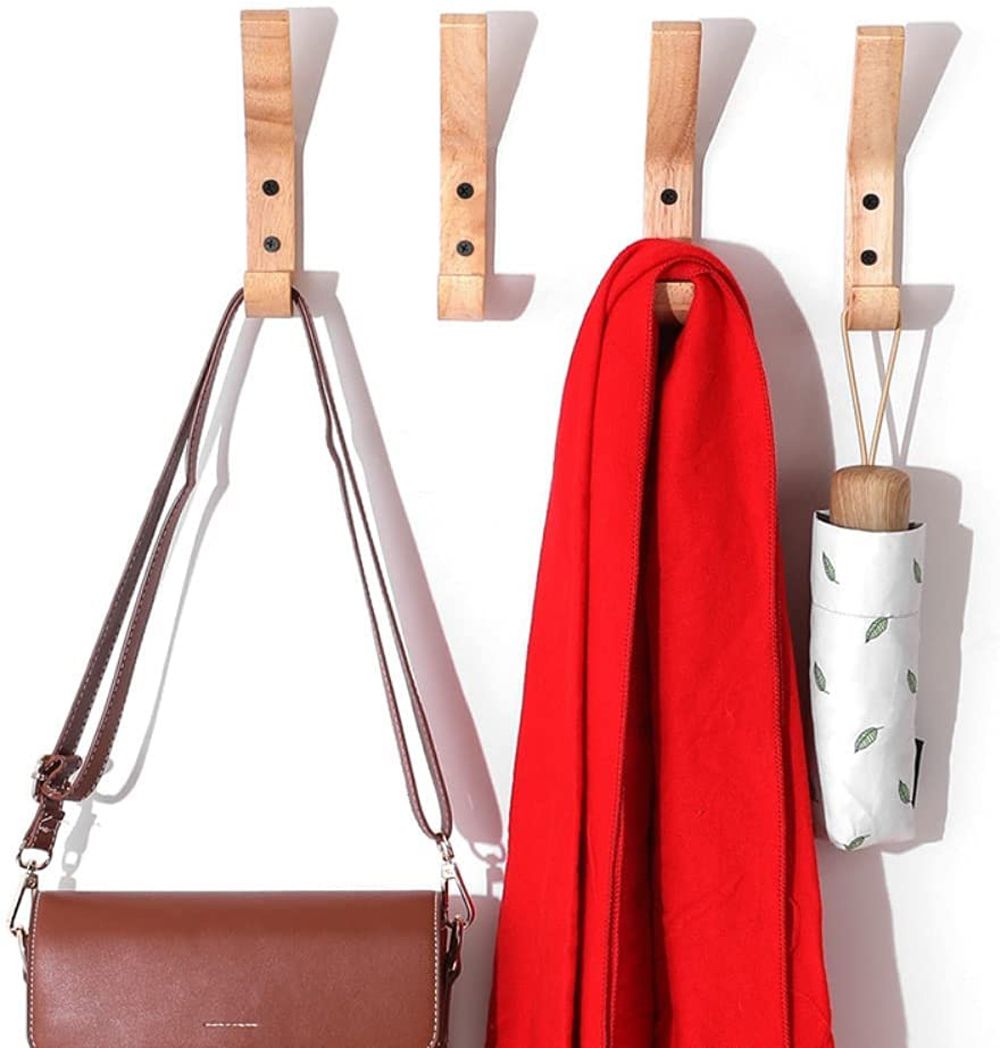 4 Piece Natural Wood Clothes Hanger Wall Mounted Coat Hooks
