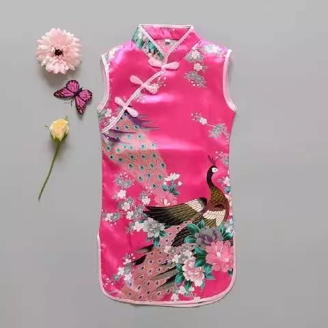 Toddler's Chinese Style Peacock Print Silk Dress - Pink