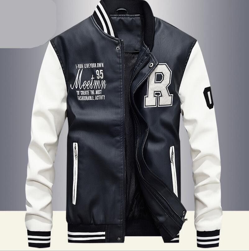 Men's Faux Leather Jacket - Casual Weather Jacket - Cream & Dark Blue